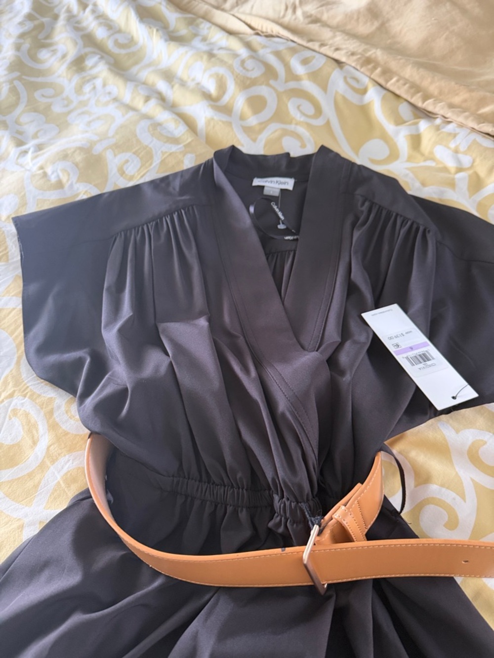 Calvin Klein Dark Gray Wrap-Style Dress with Tan Belt